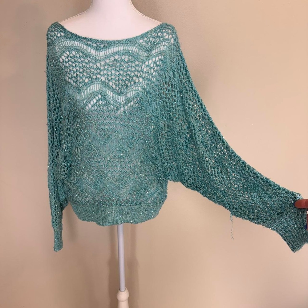 Urban Day Teal Open Knit Dolman Sleeve Crochet Sweater Sequins Womens M/L
